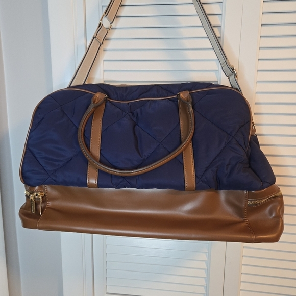 ANNE KLEIN Navy Quilted Weekender Bag Brown Faux Leather Dual Compartment 20x14 - Picture 6 of 13